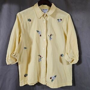 Blair Womens Pale Yellow Cotton Seersucker Embroidered Ladybug Floral Shirt L